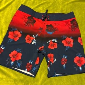 Burnside Men Sz 36 Board Shorts Swim Trunk Blue Black Red Drawstring has Pockets